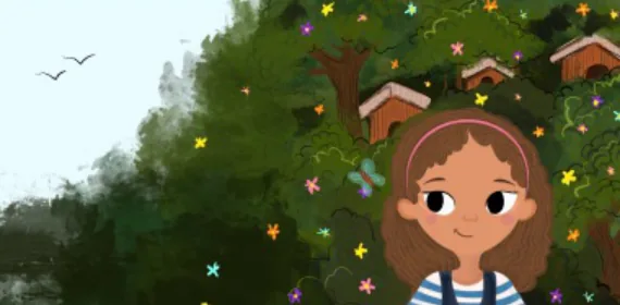 Niña de cabello rizado en un bosque lleno de flores